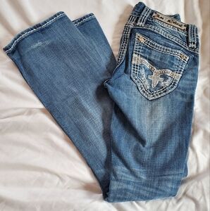 Rock Revival Alda Buckle Women's Distressed Boot Cut Jeans, Sz 25 Bling Pockets